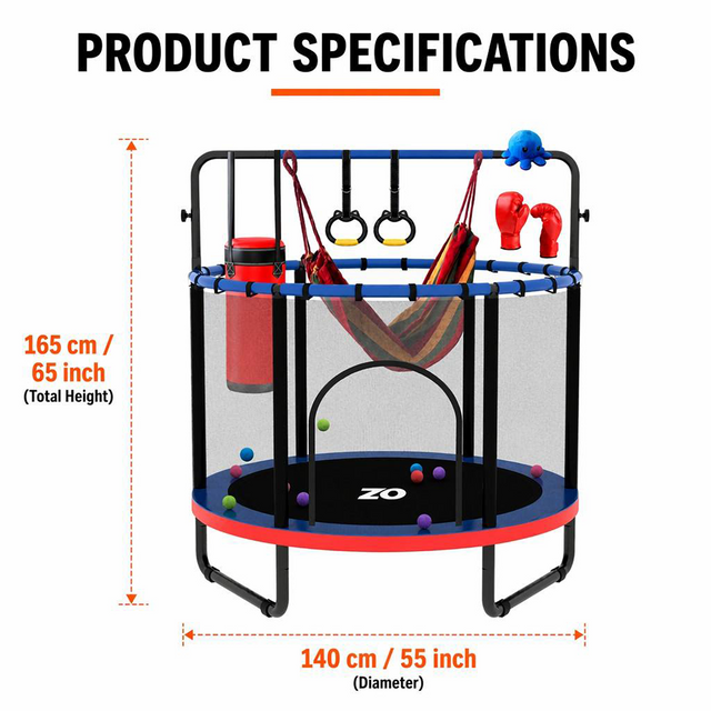 Trampol&iacute;n para ni&ntilde;os 5 en 1 de 55 pulgadas con anillos oscilantes para saco de boxeo