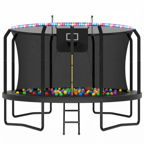 Trampol&iacute;n al aire libre de lujo en forma de 7 con aro de baloncesto con luces LED