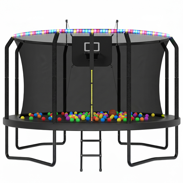 Trampol&iacute;n al aire libre de lujo en forma de 7 con aro de baloncesto con luces LED