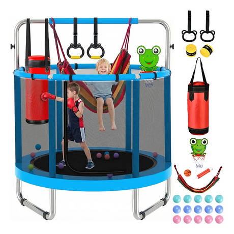 Trampol&iacute;n para ni&ntilde;os 6 en 1 de 55 pulgadas con saco de boxeo de aro de baloncesto