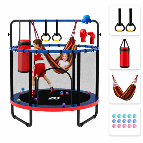 Trampol&iacute;n para ni&ntilde;os 5 en 1 de 55 pulgadas con anillos oscilantes para saco de boxeo