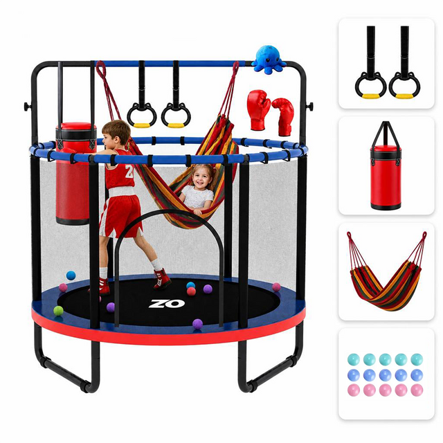 Trampol&iacute;n para ni&ntilde;os 5 en 1 de 55 pulgadas con anillos oscilantes para saco de boxeo